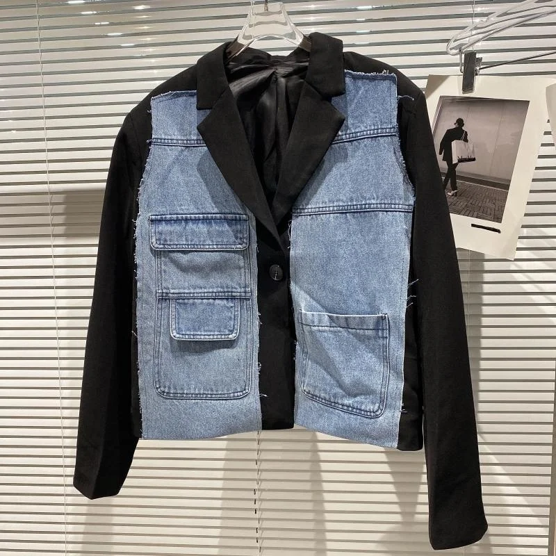 

Женская джинсовая куртка с большими карманами, новый стиль 2021 года, небольшая Дизайнерская куртка с длинным рукавом
