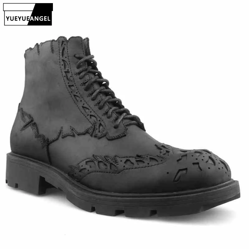 

Luxury Brogue Shoes Men Business Lace Up Genuine Cow Leather Ankle Boots England Style Winter Fashion Black Platform Boots 39-44