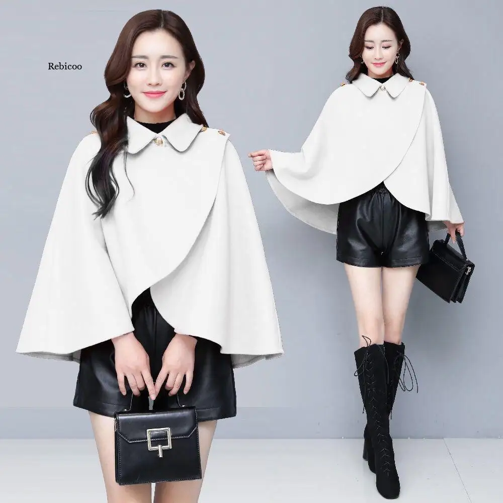 Autumn/winter Pure Color Fashion Wool Blends Ponchos Shoulder Clasp Women Short Cape Coat Cloak Long Sleeve Shawl Cardigan