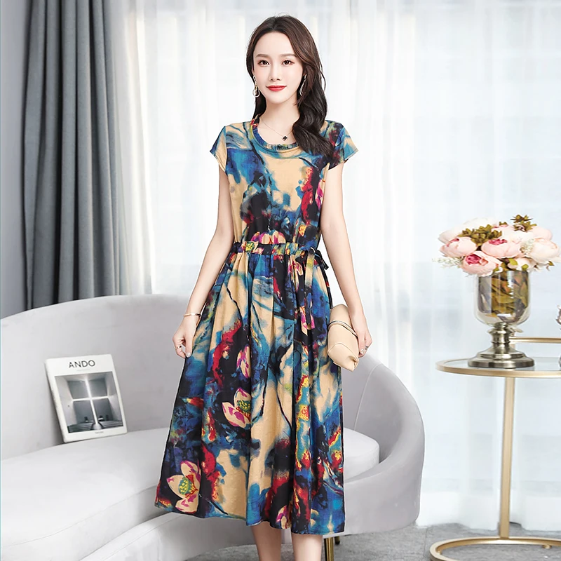 Women Long Slim Floral Print Dress XL- 6XL Middle-aged Ladies Short Sleeve Elegant Mother Cotton Female Vestidos Clothes | Женская