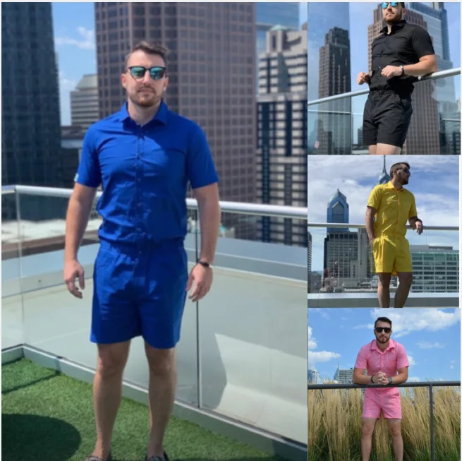 Летний мужской комбинезон с короткими рукавами комплект кнопкой контроля