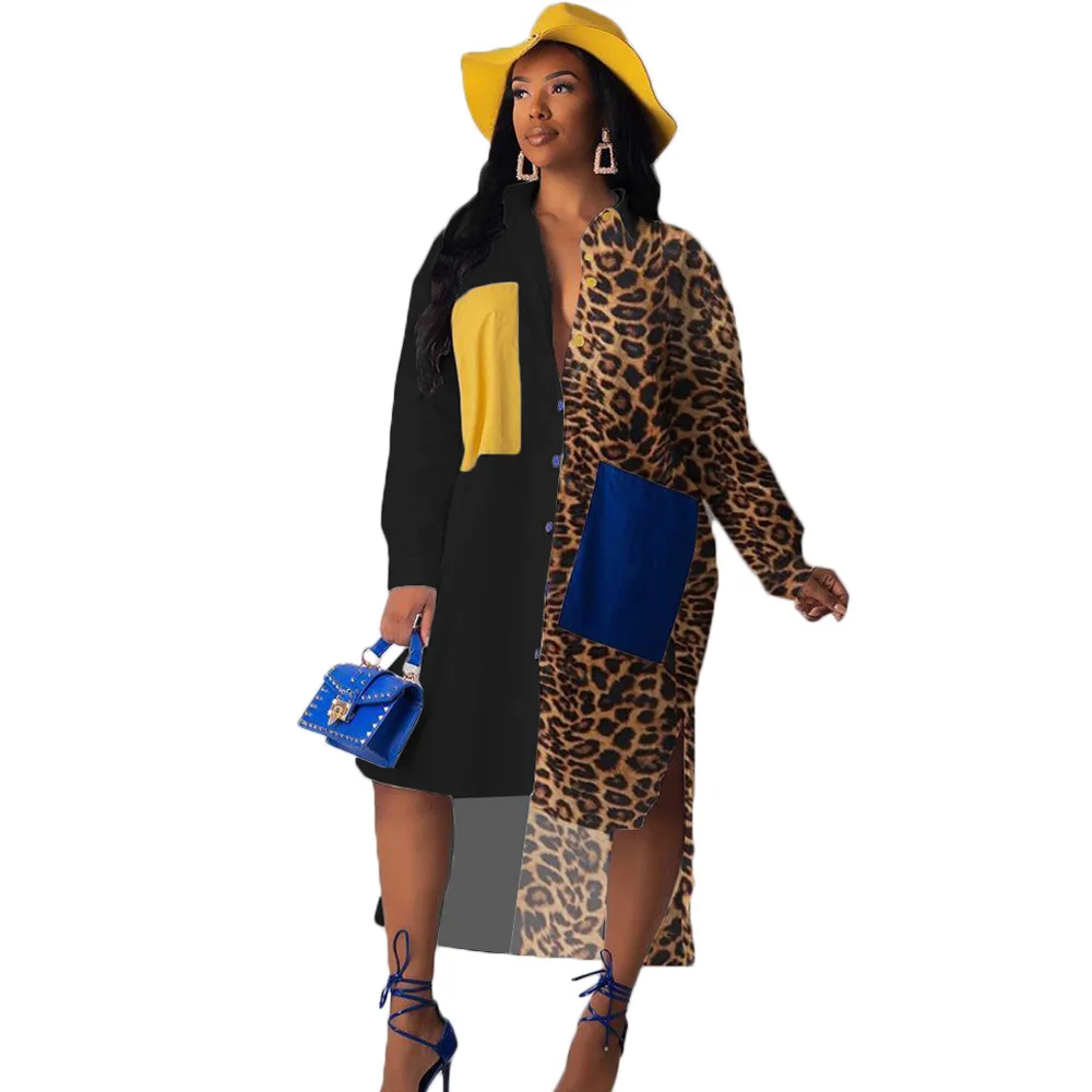 Миди платье-рубашка с длинными рукавами Осенний женский леопардовый принт