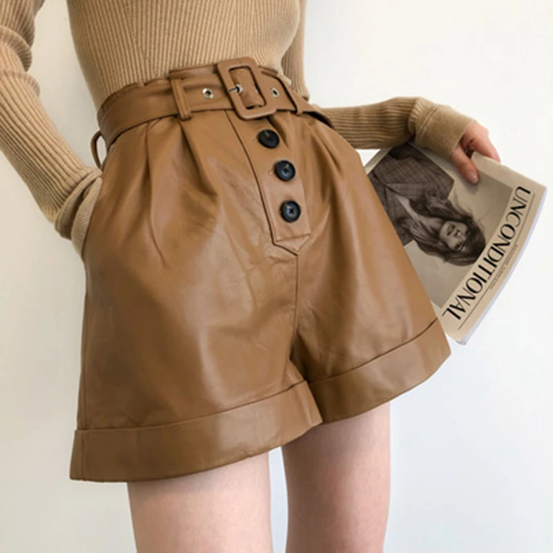 Women Spring And Autumn New Cotton Sheepskin High Waist Slim Belt Ruffled Genuine Leather Wide Leg Pants Outside Wearing Shorts