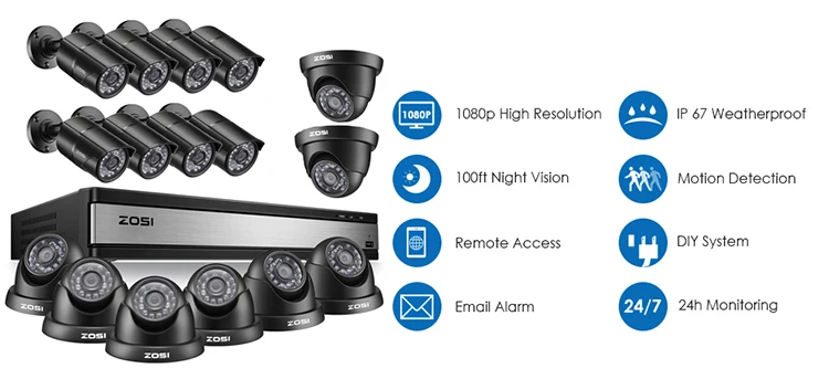 ZOSI Full HD 1080P 16 CH CCTV камера системы безопасности на открытом воздухе/в помещении с 16 шт. камера видеонаблюдения DVR комплект