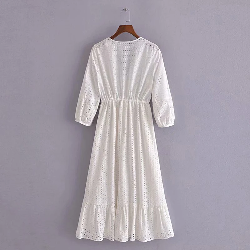 

Za 2021White Midi Dress Embroidery Cut-Out Vestido Women Elegant Puff Long Sleeve Dresse Ladies V Neck Length Dresses Spring
