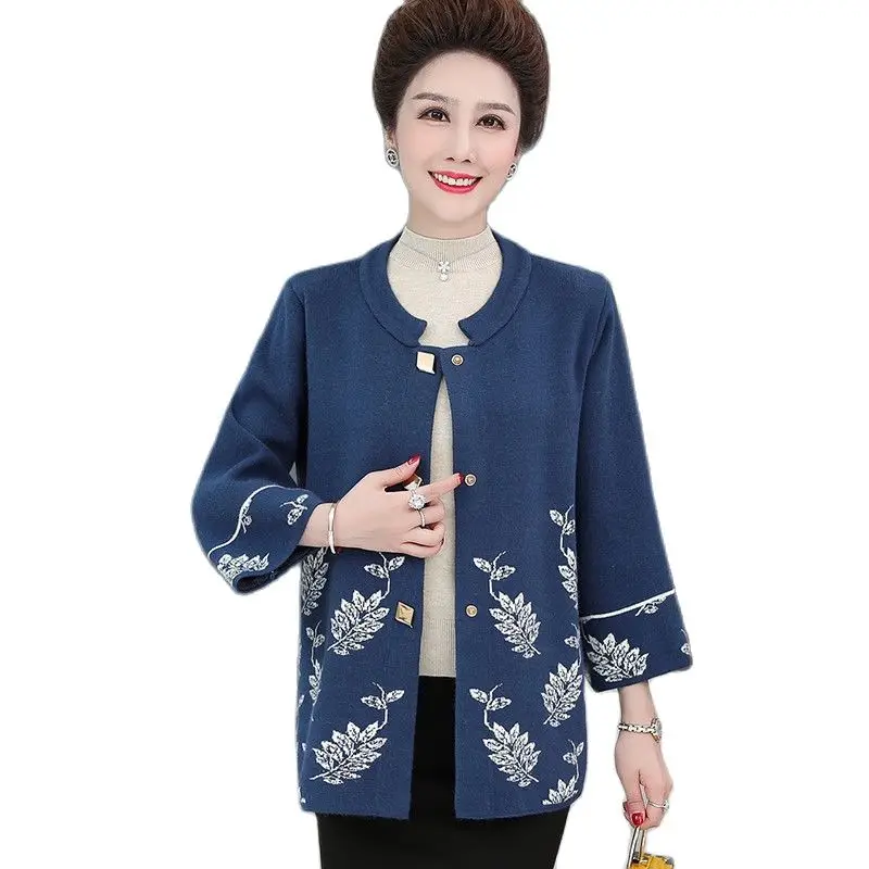

Middle Aged Mother O-neck Jacquard Knit Cardigan Spring Autumn Nine Quarter Sleeve Casual Sweater Jacket Women Knitted Coat 2428