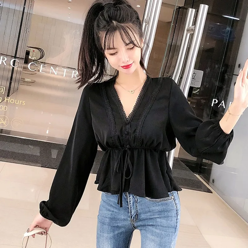 

Sweet Girl Tops Blouse Shirt Women Fashion V-neck Long Sleeve Lace Shirt Solid Color Ruffled Short Top Blusas