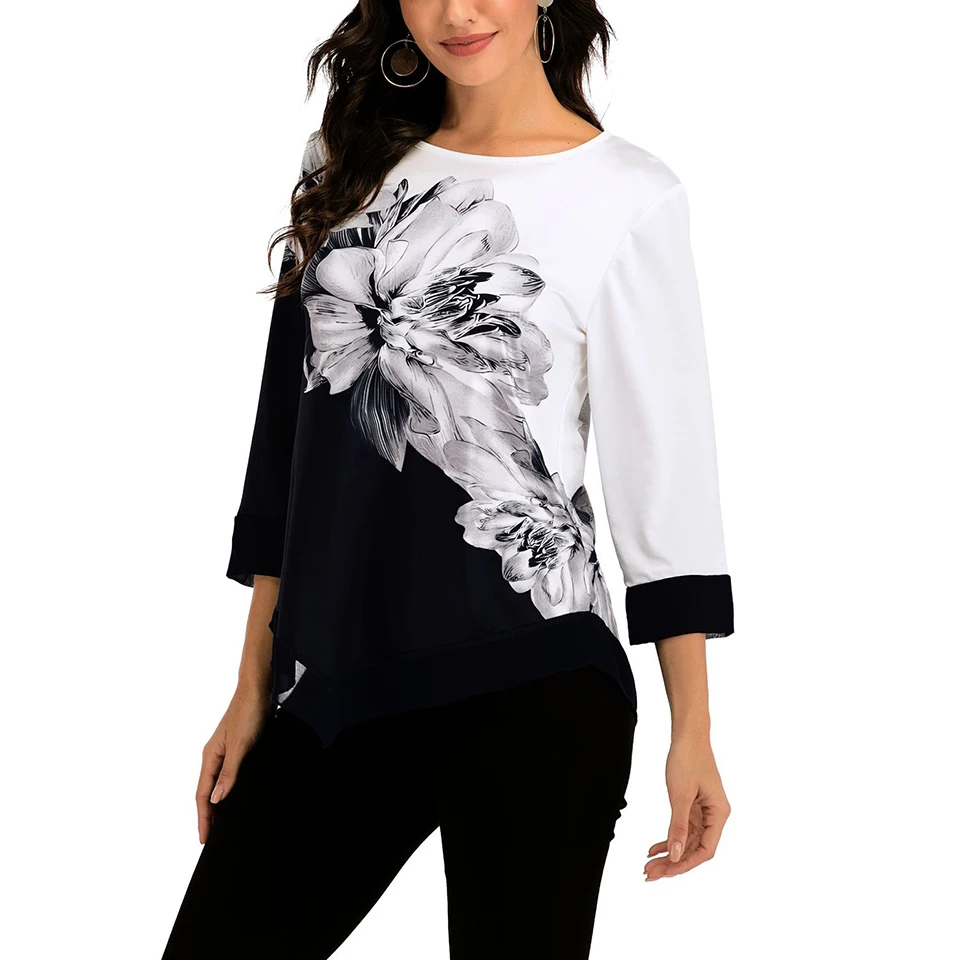 

Plus Size Shirt For Women 4xl 5xl Contrast Color Mesh Patchwork Clothes Hipster T Shirt Floral Print Irregular Hem Shirt Elegant