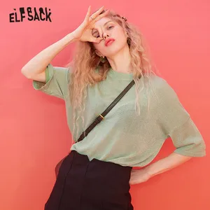 Женский яркий пуловер ELFSACK, однотонный Повседневный вязаный пуловер с короткими рукавами в Корейском стиле, весна 2020