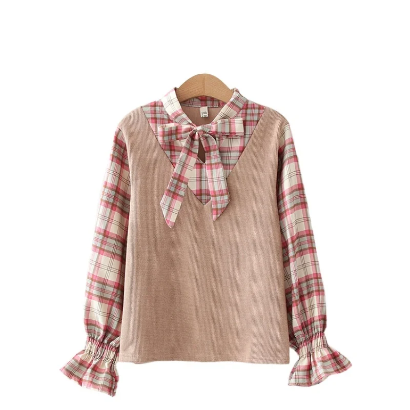 

Осень 2021, женская блузка в клетку, в стиле пэчворк, со шнуровкой, блузка с рукавом-лепестком и отложным воротником, женские топы из двух часте...