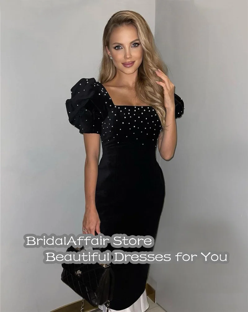 BridalAffair скромные черные вельветовые вечерние платья с коротким пышным рукавом