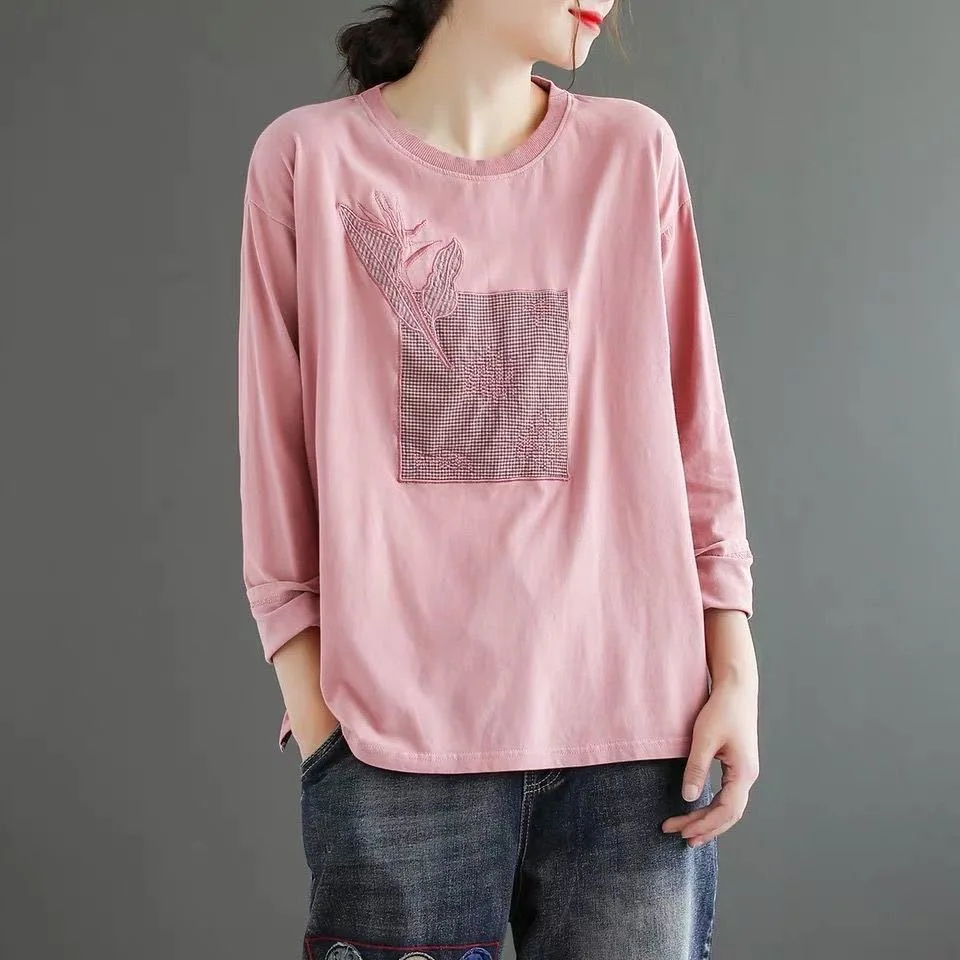 

2021 New Autumn Spring 100% Cotton O Neck Long Sleeve women's t-shirt Fashion Korean Style Embroidery t shirt