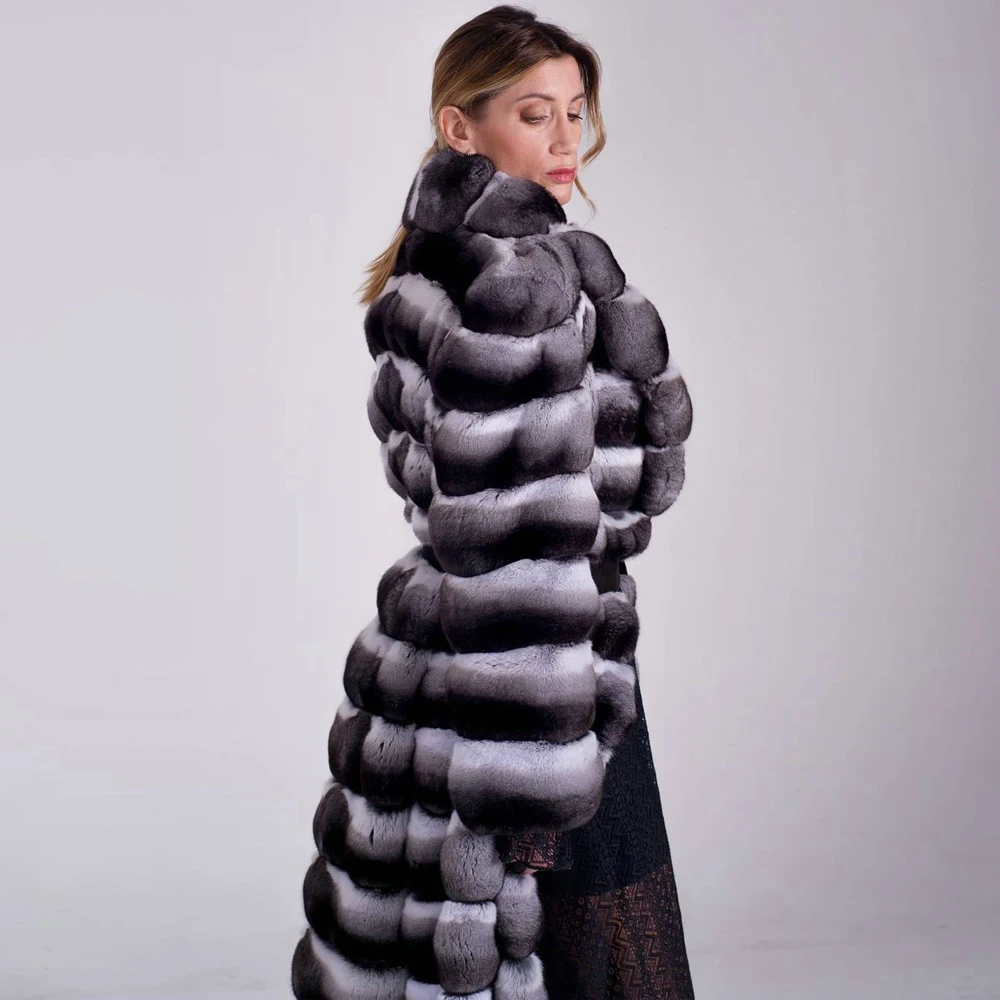 Fashion Red Long Rex Rabbit Fur Coat Turn-down Collar 130cm Length Whole Skin Natural Rex Rabbit Fur Overcoats Luxury Female