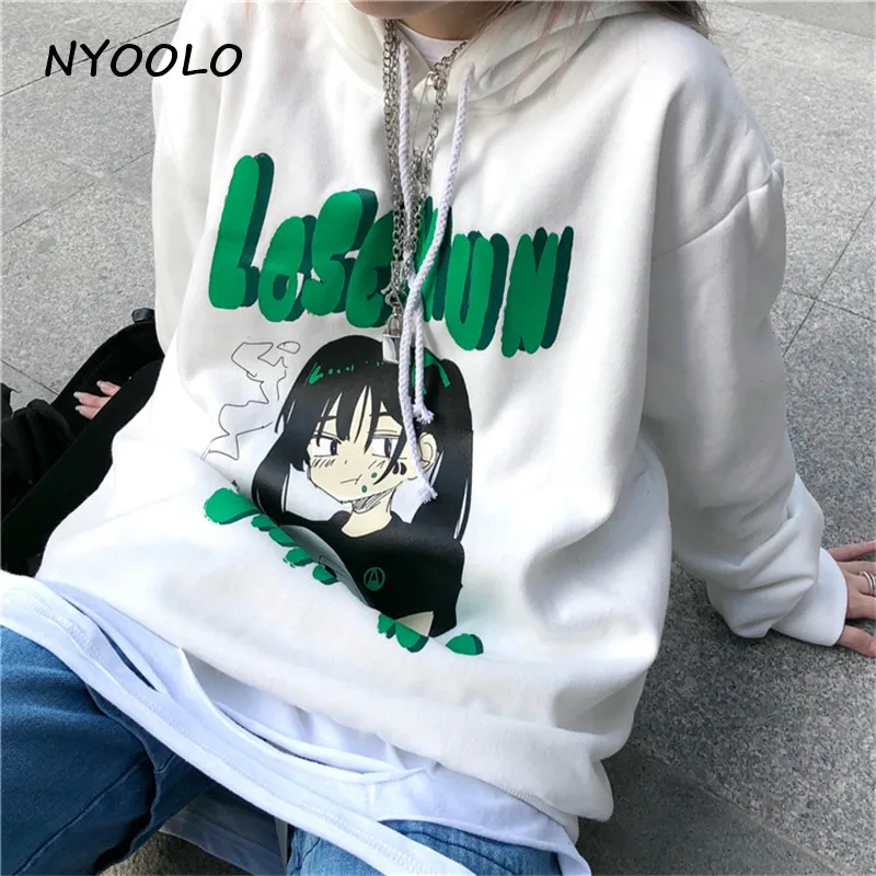 NYOOLO Harajuku стиль аниме девушка буквы печати Свободные теплые толстовки осень зима с капюшоном плюс бархат пуловер Толстовка для женщин мужчин