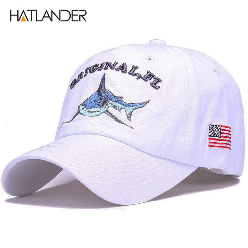 white HATLANDER Модная хлопковая бейсбольная Кепка с вышивкой Акула мужская шляпа винтажная Спортивная шляпа Открытый gorras регулируемая хип-хоп кепка - Цвет: white