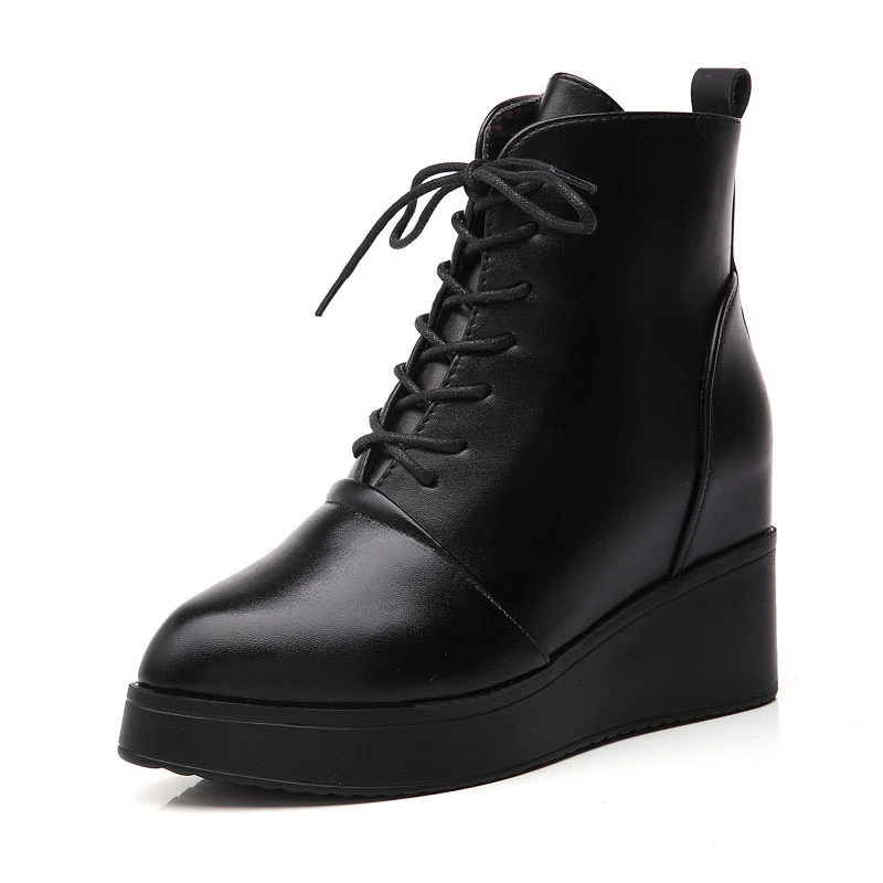 

Black Platform Boots Women Motorcycle Casual Punk Boots Heels 8CM Womens Leather Booties Thick Bottom Wedge Boots Ankle Shoes