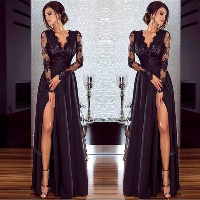 

2021 European And American Foreign Trade Female Sexy Hollow Deep V Lace Splicing Long Sleeve Split Dress Vestido Oodji Vfemage
