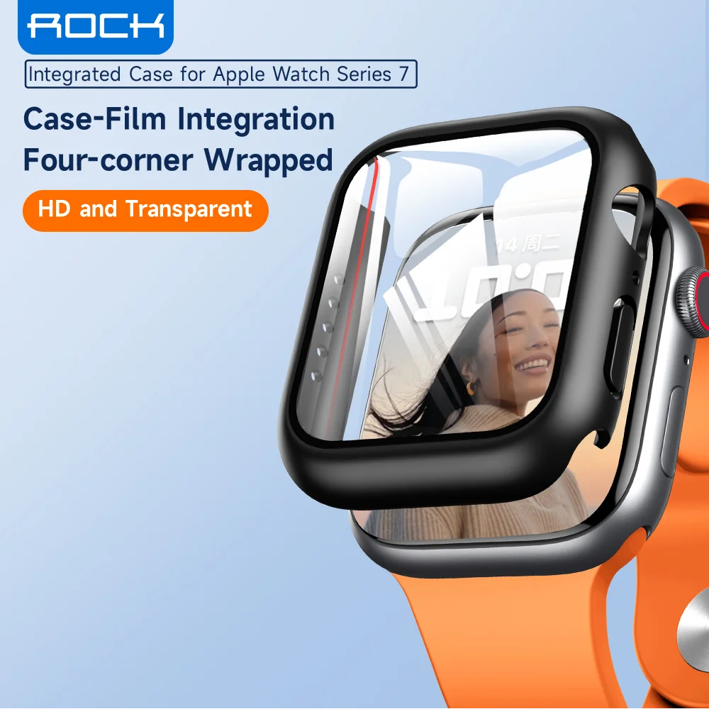 

Полностью покрывающее закаленное стекло ROCK для Apple Watch серии 7, 45 мм, 41 мм, HD прозрачный чехол-бампер из поликарбоната для iWatch 7, защита экрана