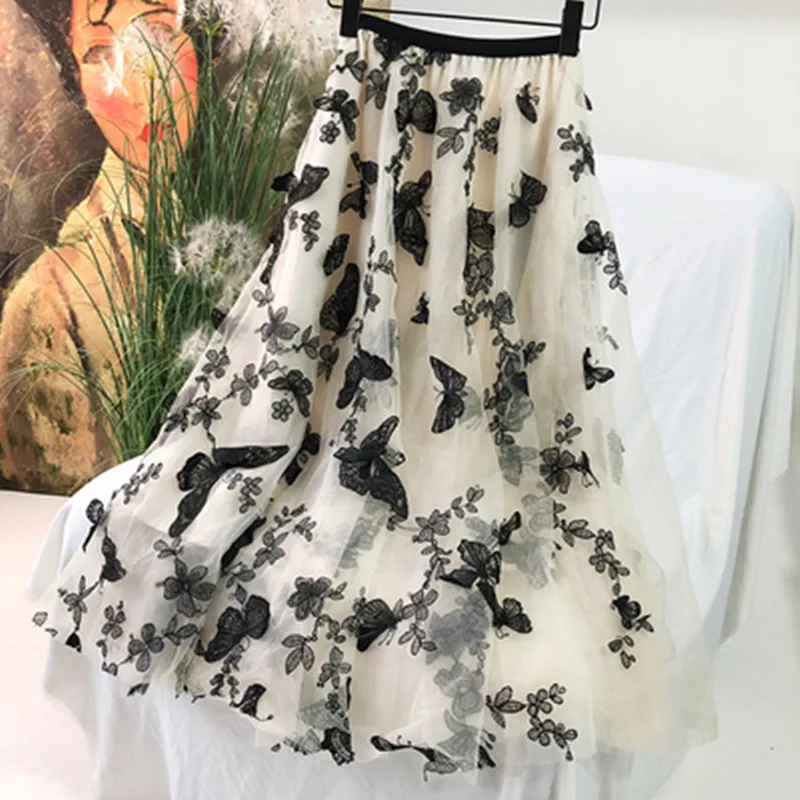 

Womens Skirts Summer 2023 Latest Elastic waist Butterfly embroidery gauze Skirt Wearable in all seasons Breathable A Line Skirts