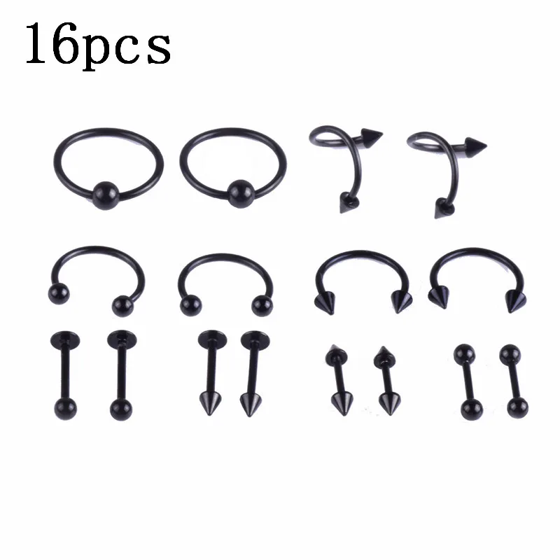 Black 16pcs 110 шт набор акриловых пирсингов для пирсинга живота, бровей, тоуга, Лабрет, кольцо для сосков штанга, пирсинг, Набор Для Пирсинга Хряща, трагус, набор для пирсинга - Окраска металла: Black 16pcs