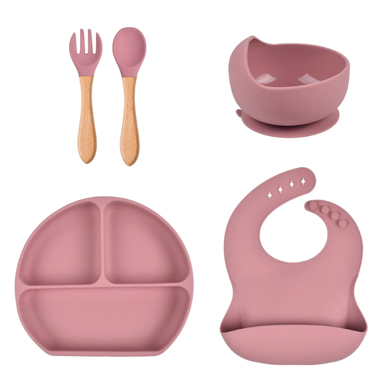

5 Pcs Baby Silicone Bibs Divided Dinner Plate Sucker Bowl Spoon Fork Set Training Feeding Food Utensil Dishes Tableware Kit H055