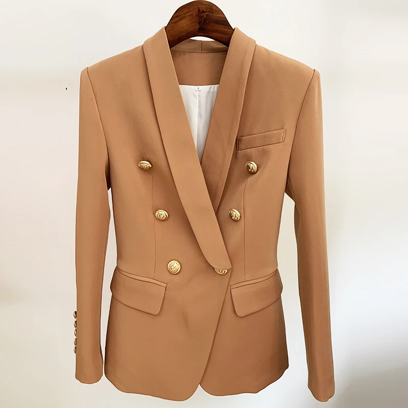 HIGH STREET 2021 Newest Designer Blazer Jacket Women's Slim Fitting Double Breasted Metal Lion Buttons Shawl Collar Blazer