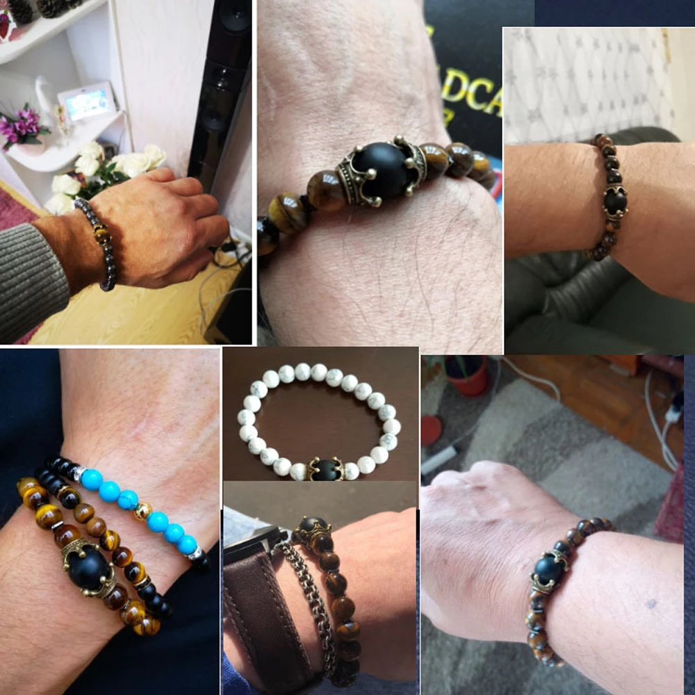

2020 Fashion Bracelet 8mm Natural Stone Crown Tiger's Eye African Round Beads Men Bangle Bohemian Jewlery Gift For Women