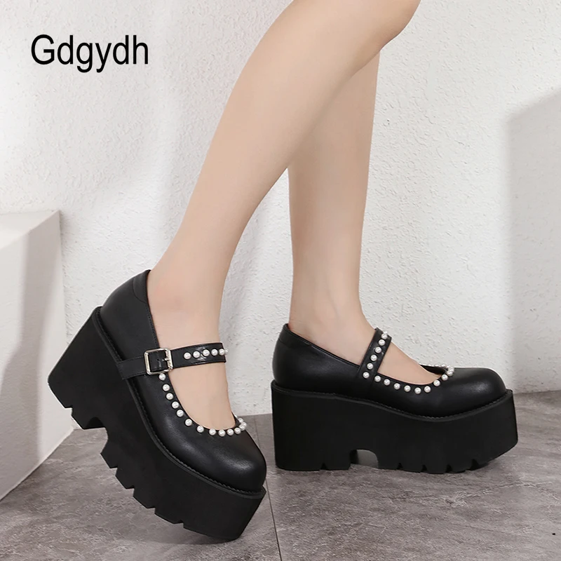 

Gdgydh Fashion Pearl Women Lolita Shoes Plarform Mary Jane Round Toe Chunky Heel Kawaii Cosplay JK School Shoes Buckle Strap