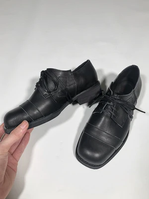 

Retro Square-toe Lace-Up Leather Shoes Woman Genuine Leather Handmade Elegant Round Toe Thick-heel Casual Shoes Black Apricot