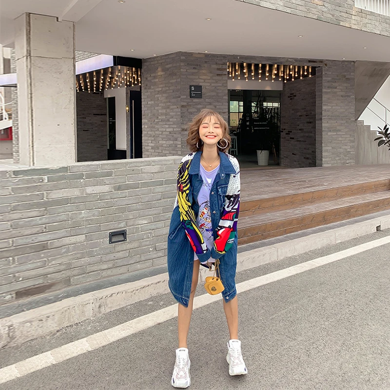 Весна-Осень 2021 женские длинные свободные джинсовые пальто с мультяшным принтом |