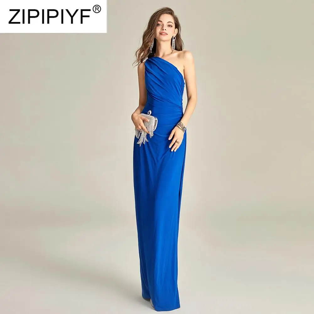Женское однотонное платье на одно плечо элегантное вечернее до пола с косым