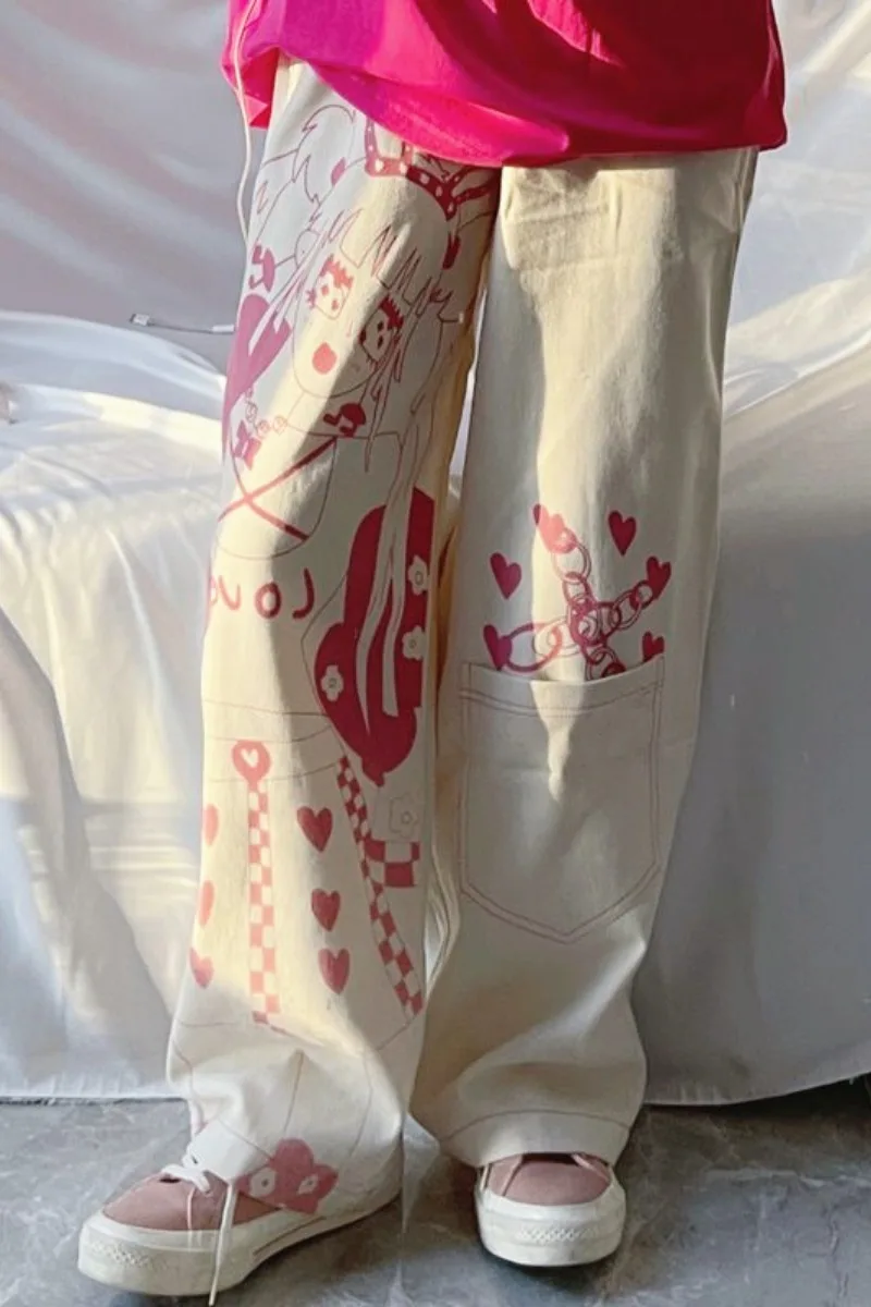 

High street casual pants women summer ins Japanese cartoon print straight-legged trousers loose-fitting thin trousers pants tide