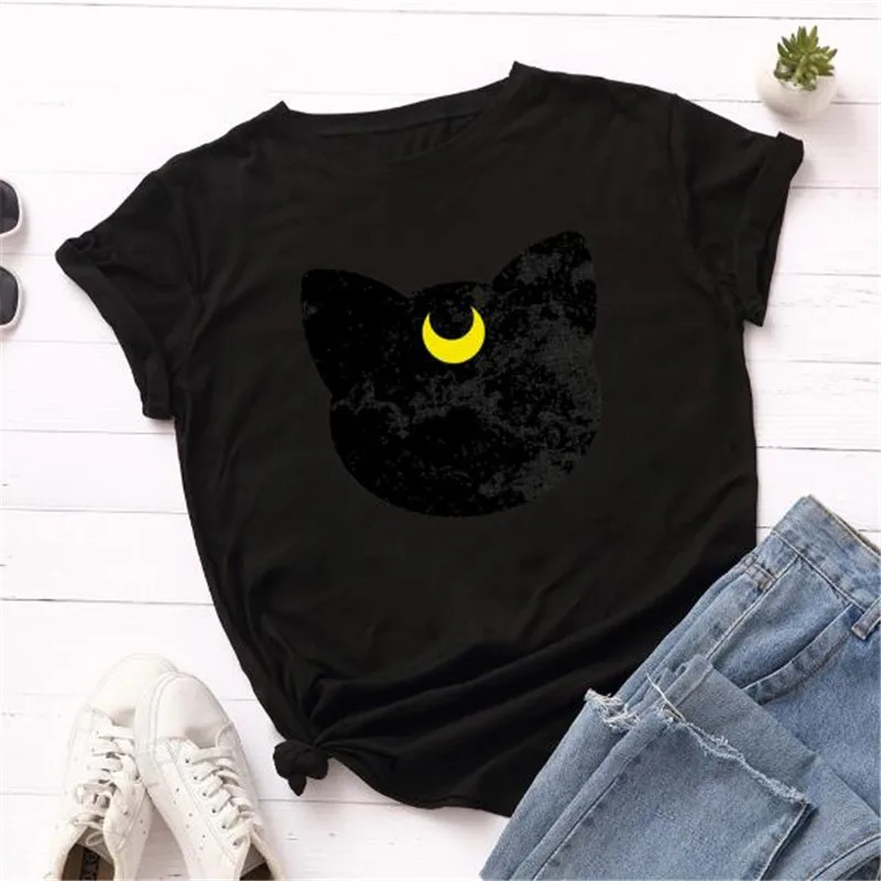 

Summer Women T Shirt S-5XL Cotton Lovely Moon Cat Print Short Sleeve Ladies Basic Tees Top Casual O-Neck Female Woman TShirt