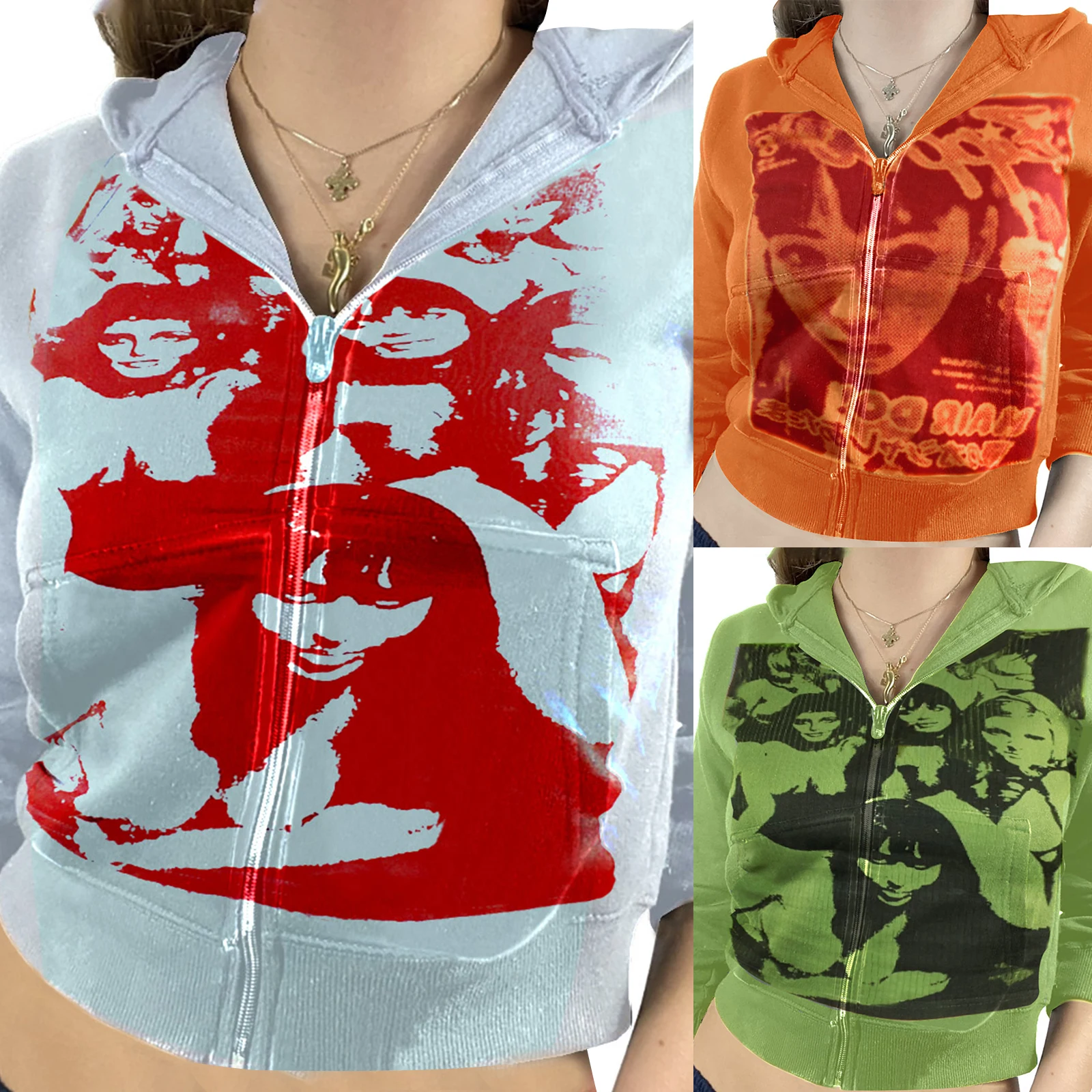 

Women Spring Autumn Hoodie Portrait Print Hooded Long Sleeves Zipper-Open Sweatshirt with Pockets for Girls 3 Colors