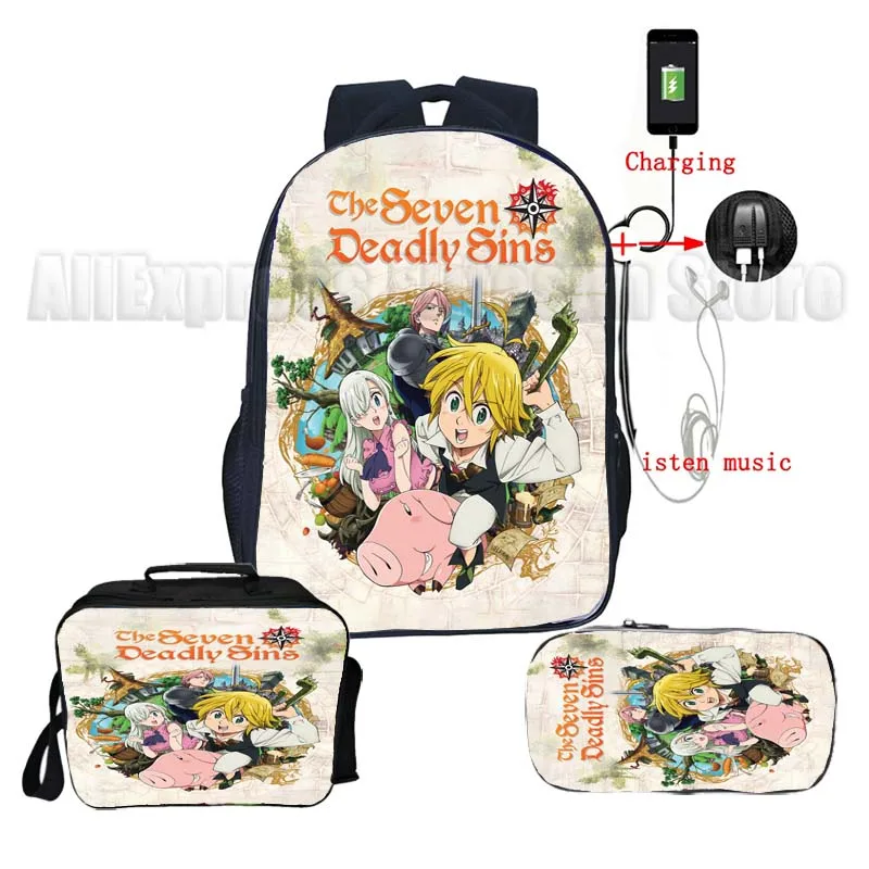 Kids The Seven Deadly Sins Backpack 3pcs Set Boys Girls USB Travel Bagpacks Students Anime School Bags with Lunch Bag Pencil Box - купить по