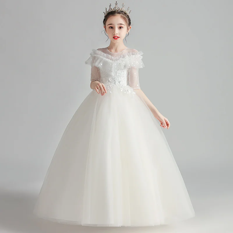 

Girls Princess Dresses Little Kids Birthday Party Gowns Princess White Tulle Luxury Flower Girl Dresses For Wedding