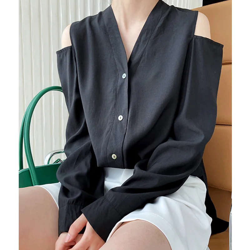 

Retro Tencel Strapless Shirts Women 2021 Summer Korean Style Fashion Blouse Ladies Loose Gloss Long-Sleeved Casual Shirt Clothes