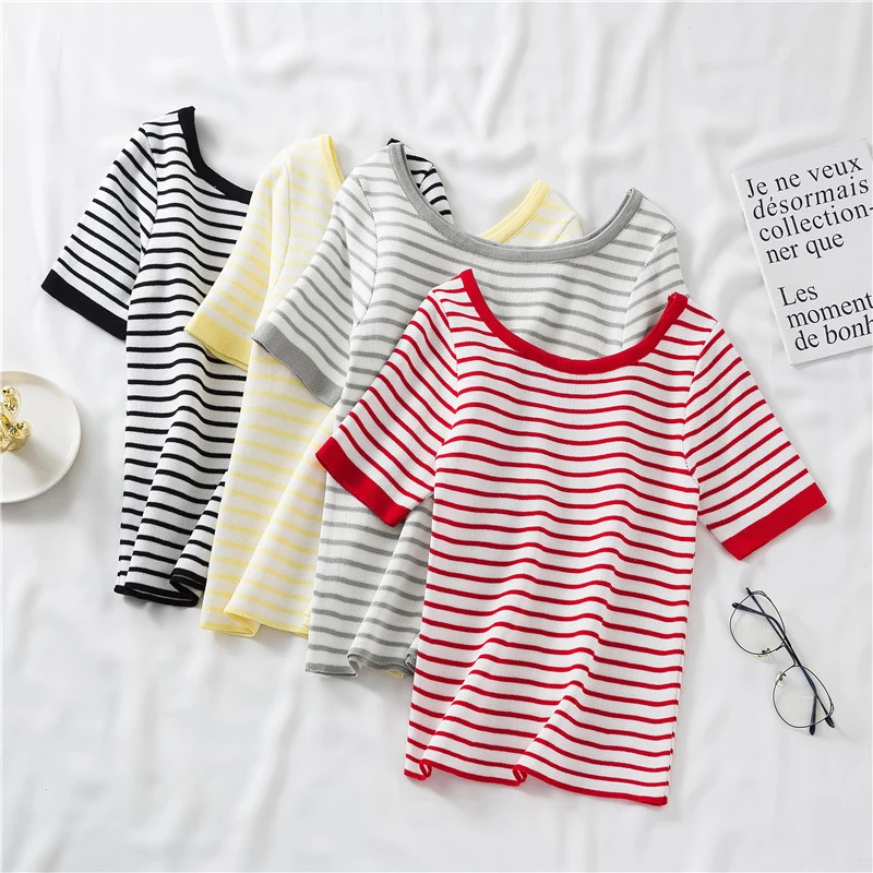 

LJSXLS Short Sleeve Knitted Sweaters Women 2022 Summer Casual Clothes Pullovers Striped Sweater Female O Neck Crop Top Femme