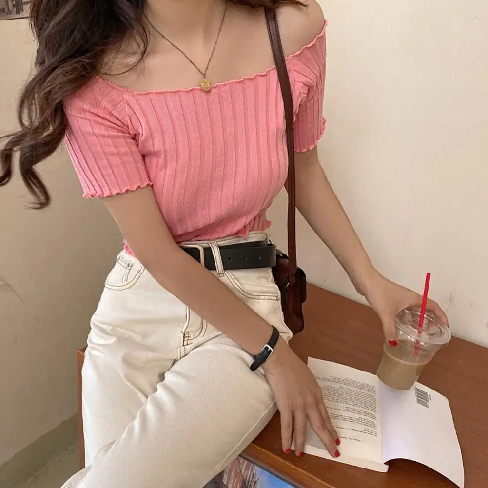 

2021 Summer Women Short Sleeves Solid Color Off Shoulder Knitted Tee Shirt Crop Top Streetwear