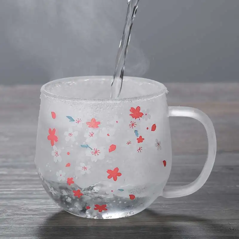 

300ml Japanese Glass Cup With Tea Infuser Filter&Lid Cherry Blossoms Flower Teacup Transparent Heat Resistant Drinking Glasses