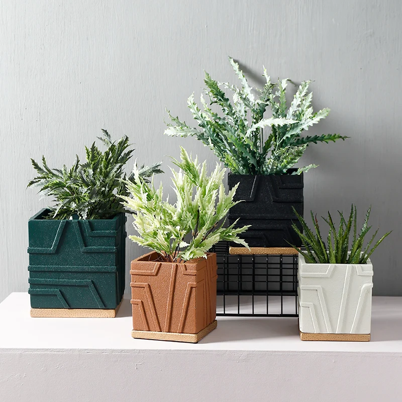 

Embossed Square Flower Pot Nordic Ceramic Large Plant Container Minimalist Modern Home Porta Piante Planting Accessories ED50FP