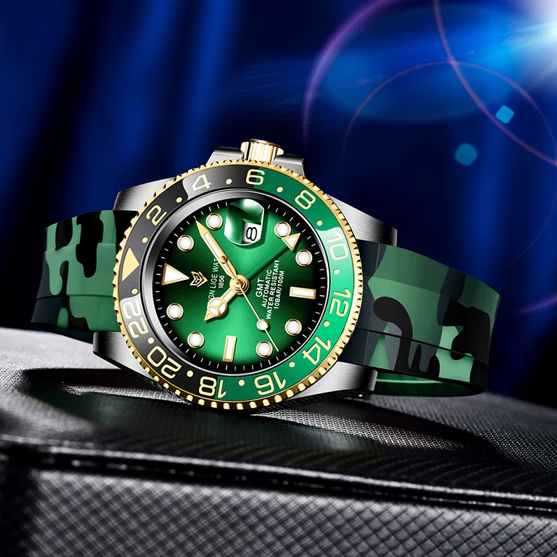 

2022 LIGE GMT New Sports Watch Men Automatic Mechanical Watches 316L Stainless Steel Waterproof Green Clock Sapphire Glass Watc