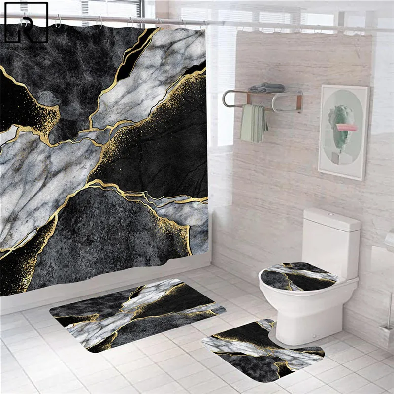 luxury shower curtain modern marble decorative bathroom curtain polyester bath screen bath house partition mat set toilet carpet free global shipping