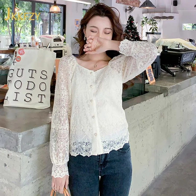 

2021 Square Collar Fashion Lace Blouse Hollow Out Shirts Women Spring Summer Long Sleeve Single-breasted Tops