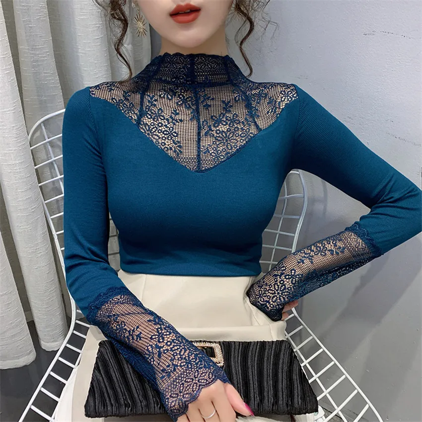 

Autumn Winter Undershirt High Neck Lace Blouse Top Long Sleeve Slim Fashion Shirt 2021 Korean Style High Elastic Blusa Feminina