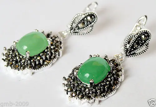 

New Pair Natural Green Quartzite stone 925 Sterling Silver Marcasite Dangle Earrings