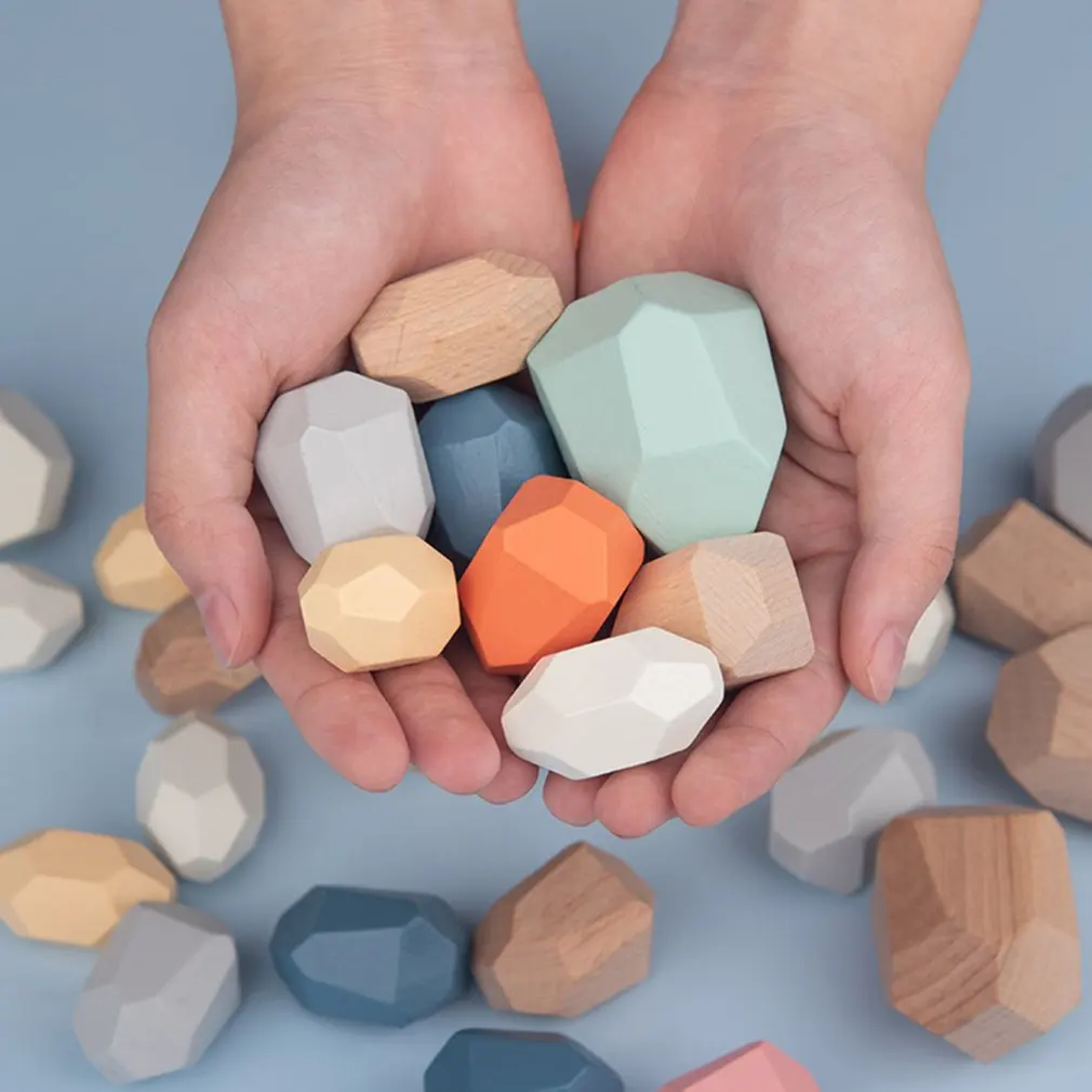 

20Pcs Children's Wooden Colored Stone Building Block Educational Toy Creative Nordic Style Stacking Game Rainbow Toy Gift