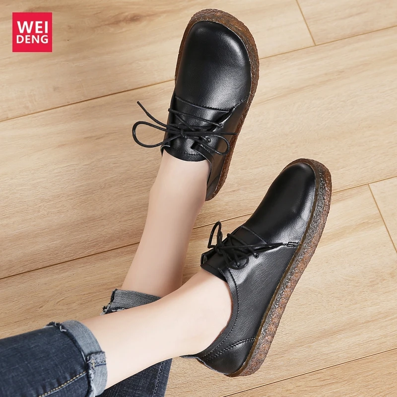 WeiDeng женская повседневная обувь из натуральной кожи на плоской подошве для