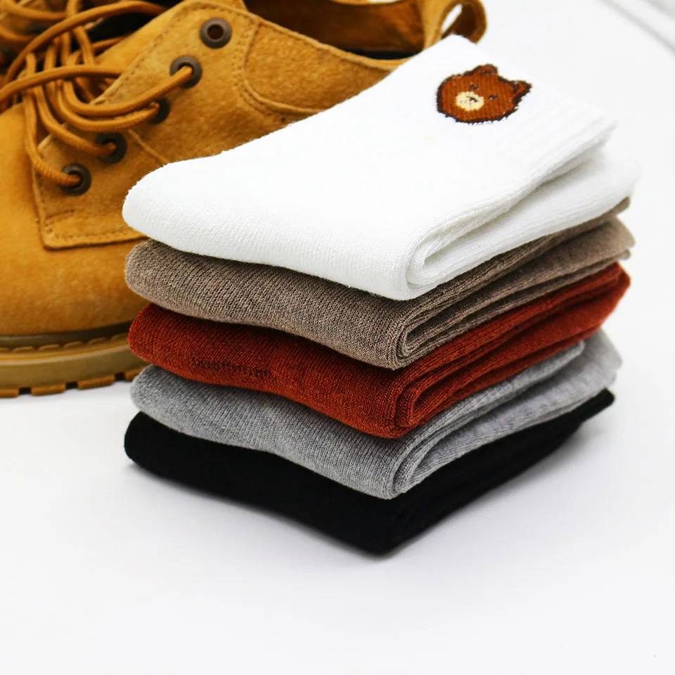 Winter New Women's Thick Warm Color Embroidery Bear Wool Fashion  Multicolor Harajuku Retro High Quality  Cotton Socks