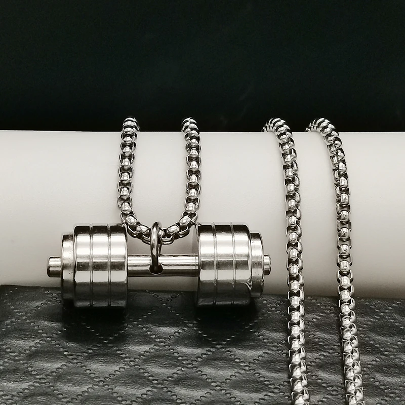 

Cuban Chain Stainless Steel Men's Necklace Pendant Silver Dumbbell Fitness Hip Hop Rock Fashion Jewelry Men Jewelry Wholesale